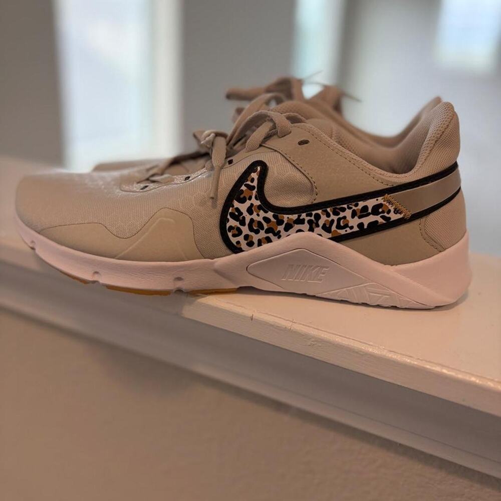 Nike Women's Beige Sneakers with Leopard Print Swoosh